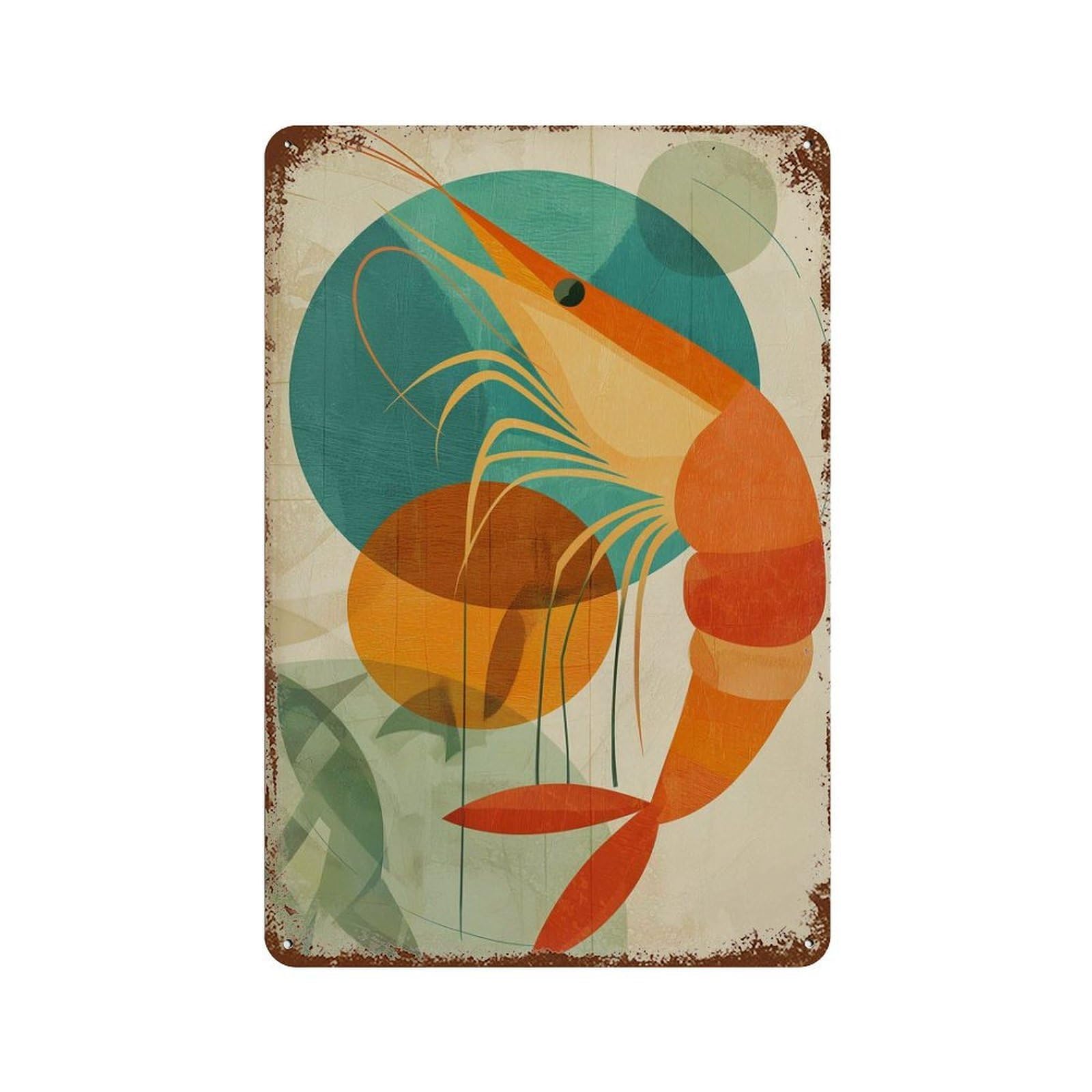 xiaoxiaoshen Mid Century Shrimp Abstract Coastal Kitchen Retro Seafood Colorful Ocean Nautica Wall Decor Art Metal Tin Poster Modern Home Decor Art Home Bar Shop Decorations Vintage Sign 30x20cm