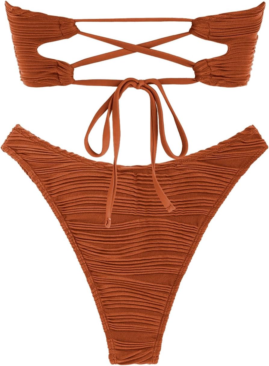 ZAFUL Women Strapless Textured Bandeau Bikini 2 Piece Swimwear Cheeky Solid Lace up Bathing Suits - Image 5