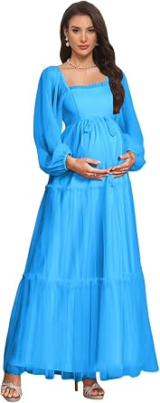 Ruffle Tulle Maternity Dresses for Photoshoot A Line Square Neck Baby Shower Dress Pregnancy Gowns with Bow