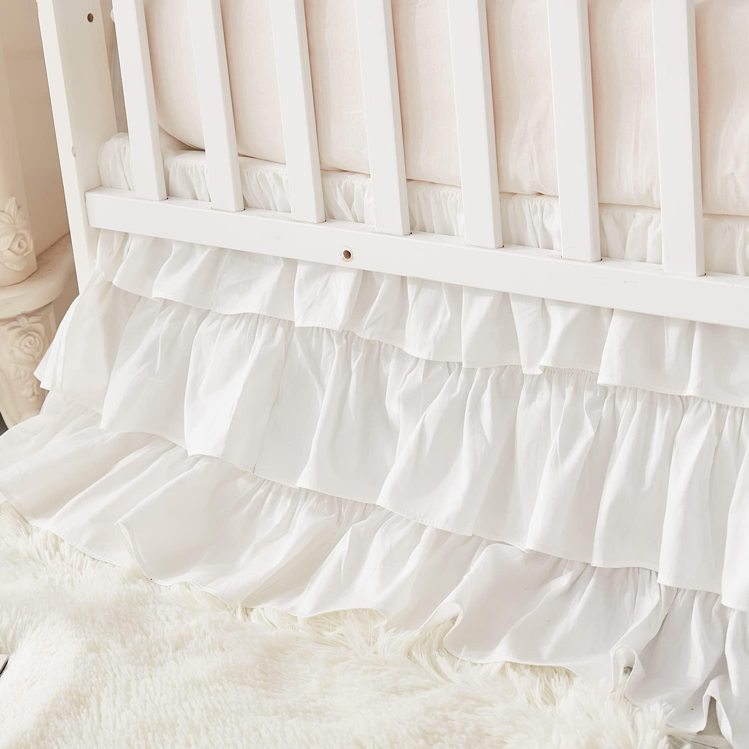 Brandream Boho Bohemian Girl Baby Nursery Crib Bed Skirt Dust Ruffle - Neutral Solid Color Cream Off White Farmhouse Chic 100% Cotton Triple Layer Ruffle