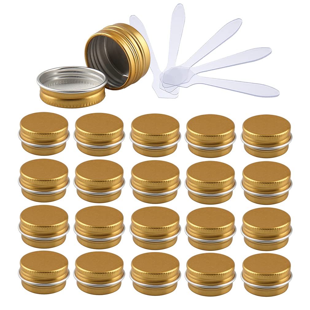 Zeoabsy Gold Pack Of 24, Empty 5Ml Aluminium Tins With Screw Lids Round Cosmetics Containers Pots Storage Jars For Lip Balm Diy Candle Salve Powder Crafts With 6 Spatula