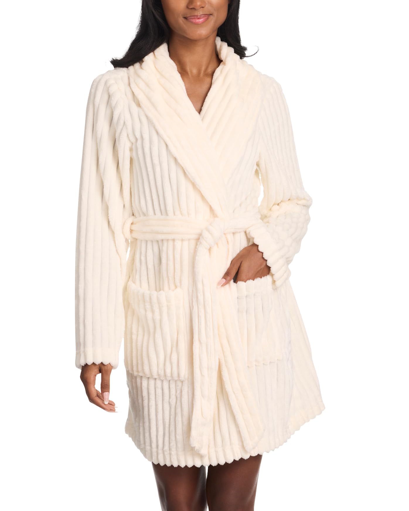 TAHARI Wide Rib Plush Short Robes for Women, Fuzzy Robe with Pockets and Waist Tie, Bathrobe for Women Short (Egret, Large)