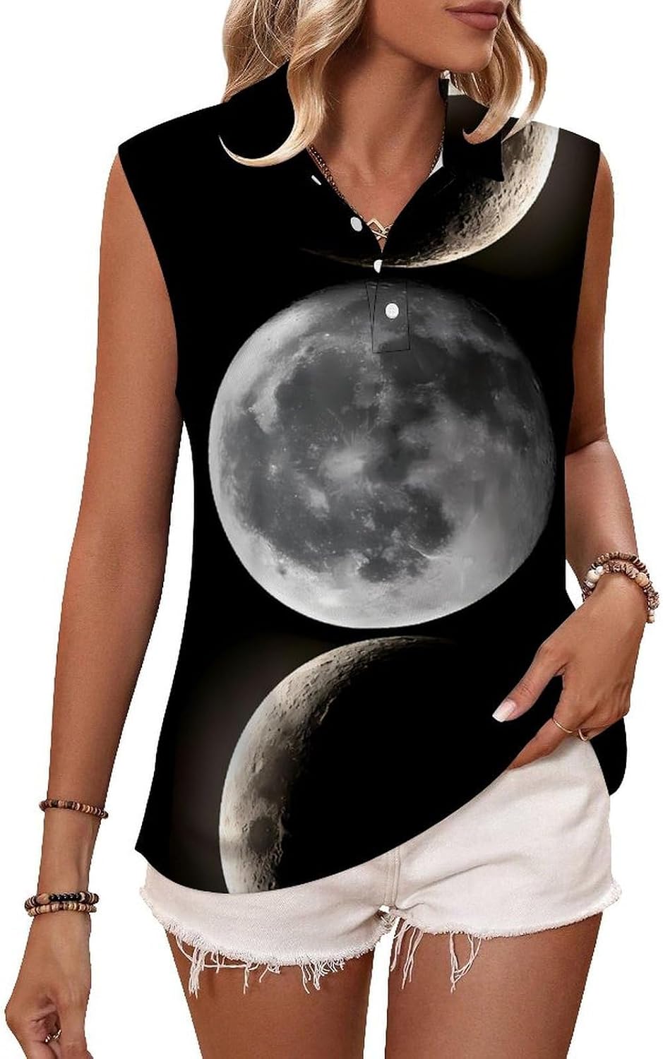Three Moon Phases Women Sleeveless Collared Golf Polo Shirt | V Neck Tank Top,Breathable Tennis Shirts