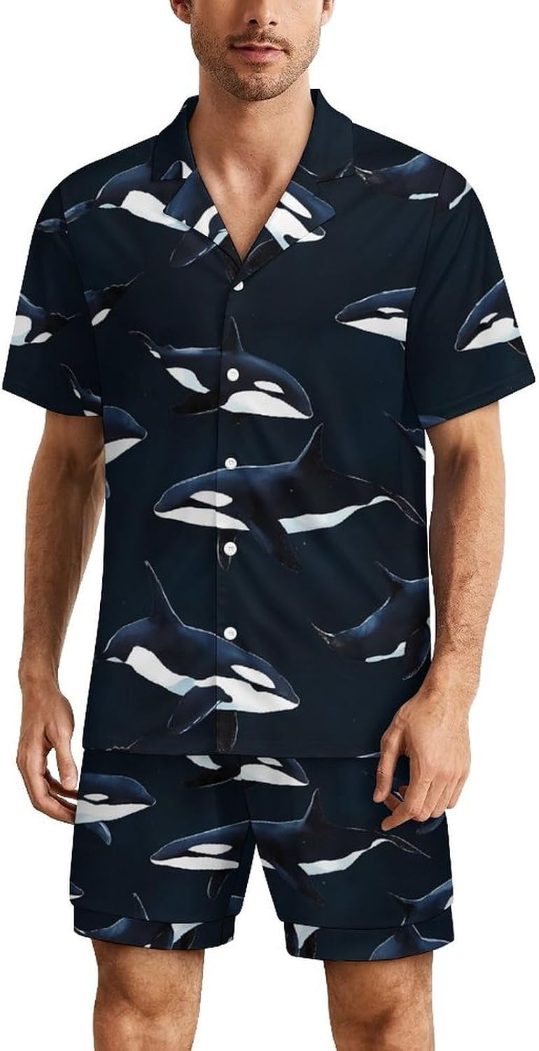 Orca Killer Whale Men's Short Sleeve Pajama Set Satin Silk Like Lounge Sleepwear