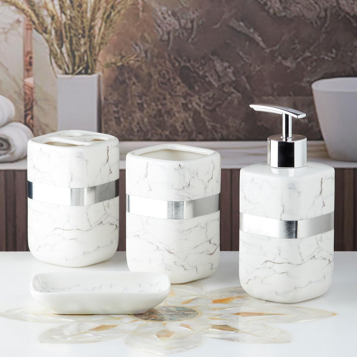 SaSaSa Ceramic Bathroom Accessories Set of 4 Modern Bath Set with Soap Dispenser & Toothbrush Holder, Luxury Home & Gift Idea, White/Silver (10111) 1
