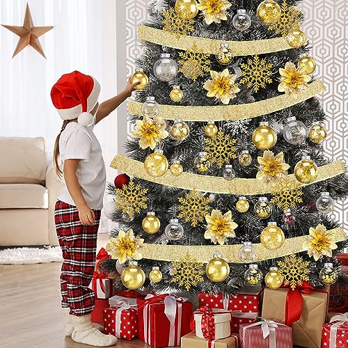 Jenaai Gold 74 Pcs Christmas Ball Ornaments Set Plastic Shatterproof Christmas Tree Decorations with Hanging Snowflakes Ribbons Artificial Poinsettia Flowers Tree Topper for Xmas Decor by Jenaai - Image 6