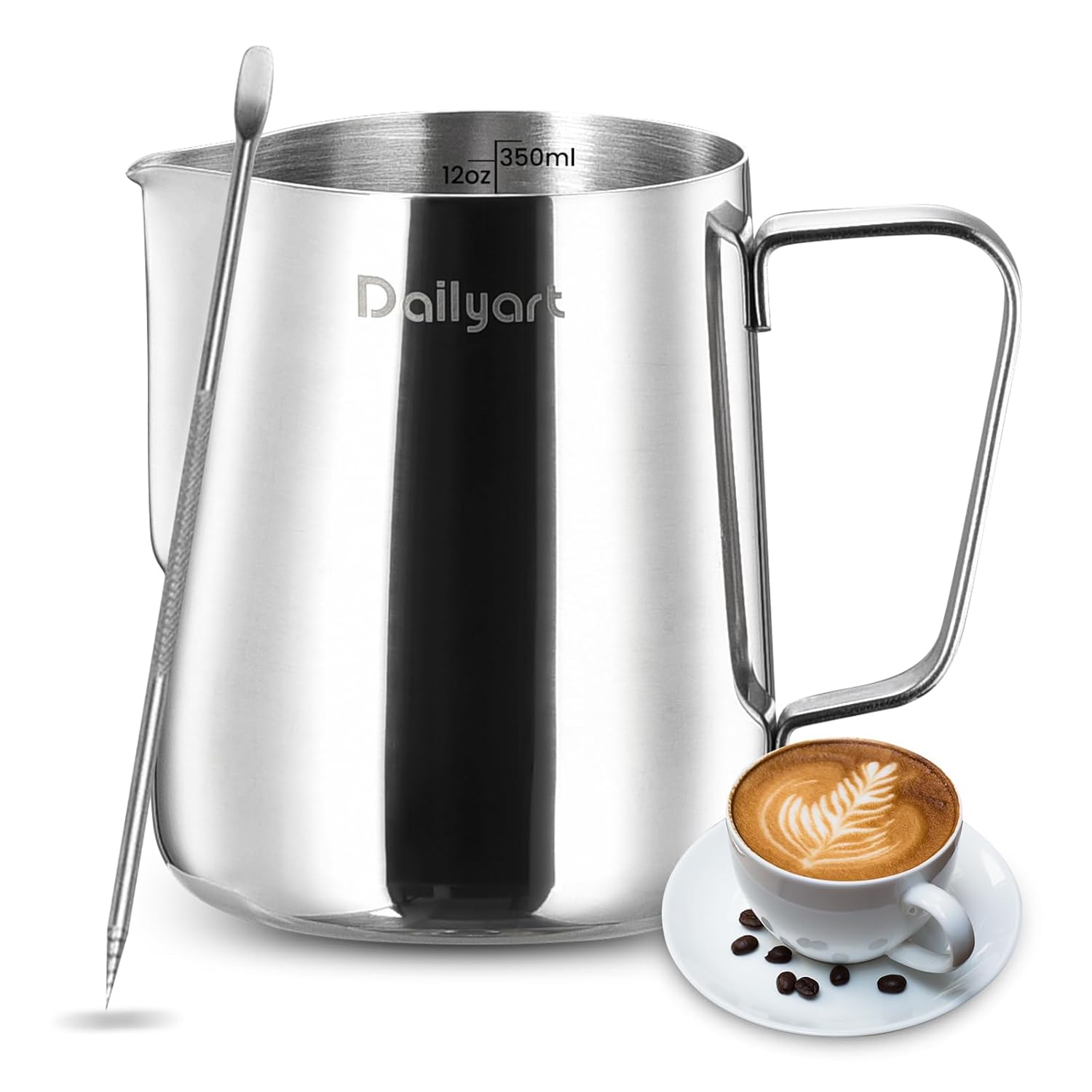 Milk Frothing Pitcher Dailyart 12oz 350ml Milk Frother Cup 304 Stainless Steel Milk Steamer Cup with Scale Espresso