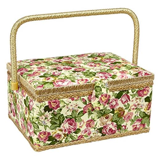 Sewing Basket with Rose Floral Print Design- Sewing Kit Storage Box with Removable Tray, Built-in Pin Cushion and Interior Pocket - Large - 12" x 9" x 6" - by Adolfo Design