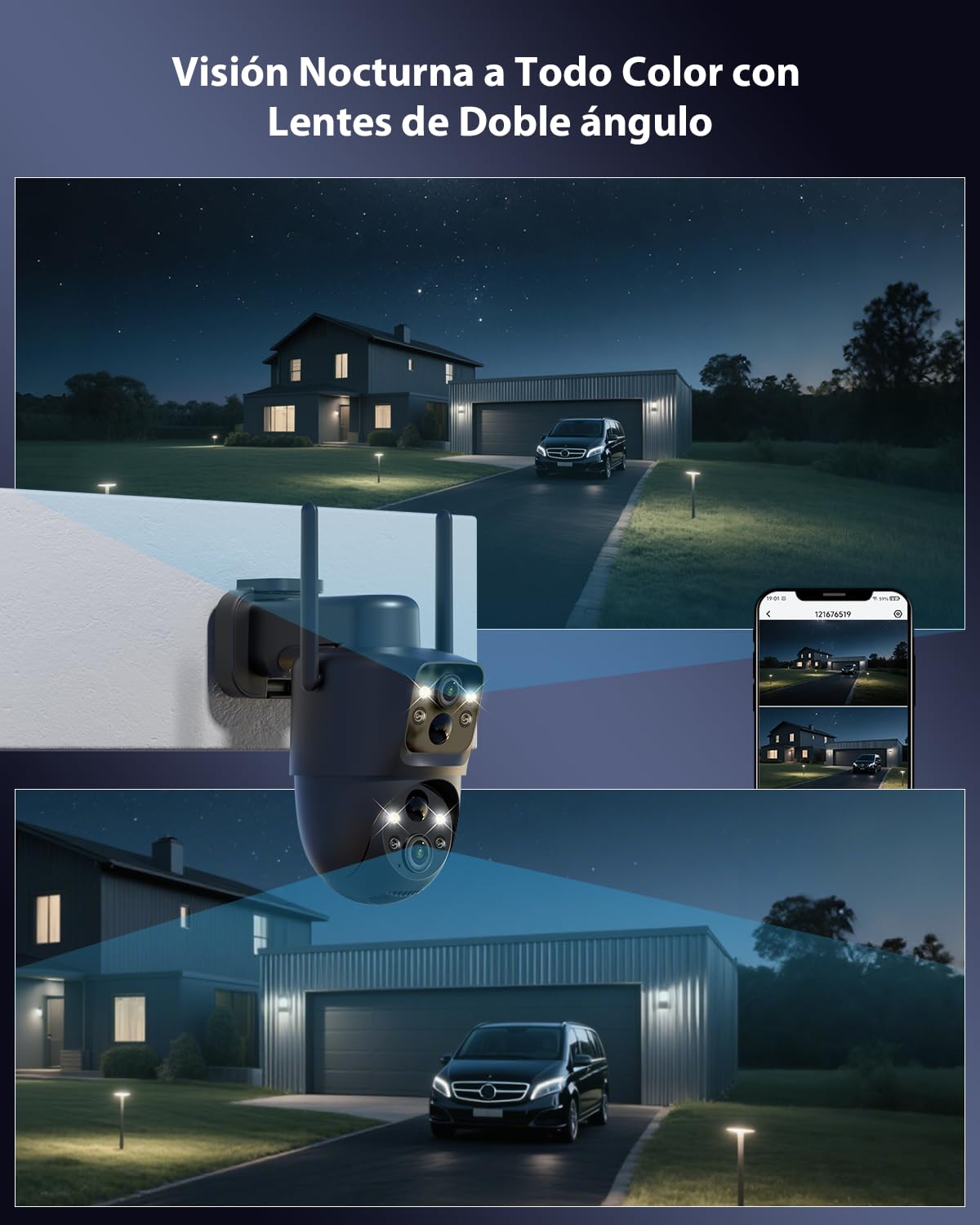 COCOCAM 2K Camara Vigilancia WiFi Exterior Solar Doble PIR Lente | Doble AI Humana Detección, Batería 10000mAh, Panel Solar 6W, Visión Nocturna Color, 355°P 90°T, IP66, Solo 2.4G WiFi