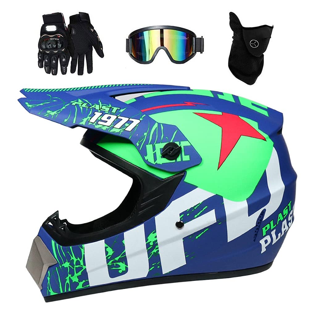 Full Face MTB Motocross Helmet Set, Youth Kids Off Road ATV Motorbike Crash Helmet, BMX Downhill Enduro Quad Dirt Bike Helmet Protective Gear, with Goggles Gloves Mask ( Color : Blue Green , Size : S/
