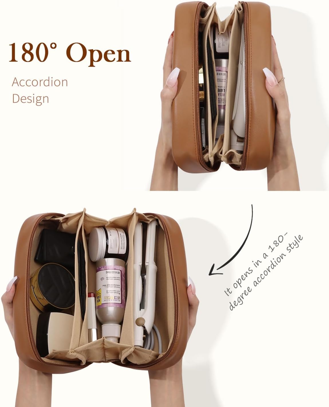 Pocmimut Makeup Bag,Open Flat Makeup Pouch Purse Car Accessories,Travel Essentials Organizer with Divider,Christmas Birthday Gifts for Mom and Lover,Brown