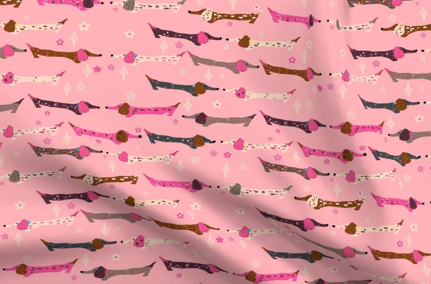 Spoonflower Fabric - Dachshunds Pink Brown Gray Cute Dachshund Puppy Dogs Flowers Hot Dog Printed on Organic Cotton Sateen Fabric by The Yard - Sewing Quilting Apparel Home Decor