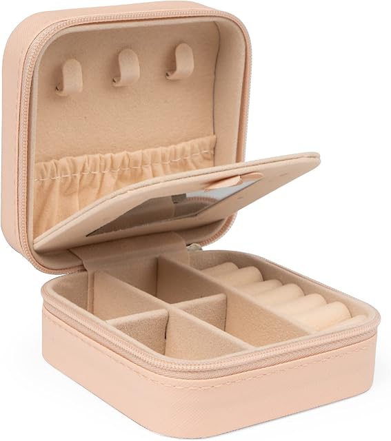 Travel Jewellery Box, Small PU Leather Jewellery Storage Organizer for Women Girls with Removable Partition and Leather Layer Jewelry Box with Mirror for Granddaughter, Wife, Mother (pink)