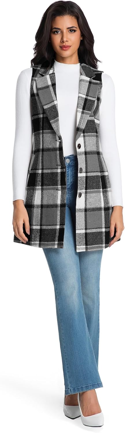 IDEALSANXUN Womens Long Wool Plaid Vest Fall Winter Sleeveless Blazer Jackets Trench Coat - Image 5