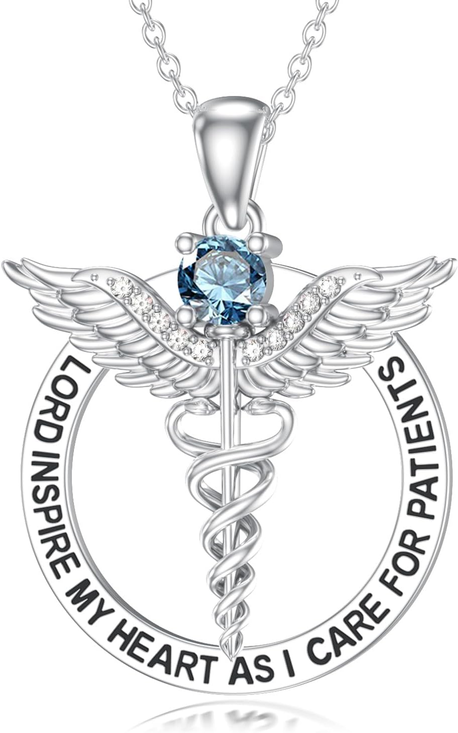 Nurse Caduceus Birthstone Pendant Necklace for Women,925 Sterling Silver Angel Wings Nurse's Day Doctor Medical Jewelry Gifts for RN Registered Graduation Retirement