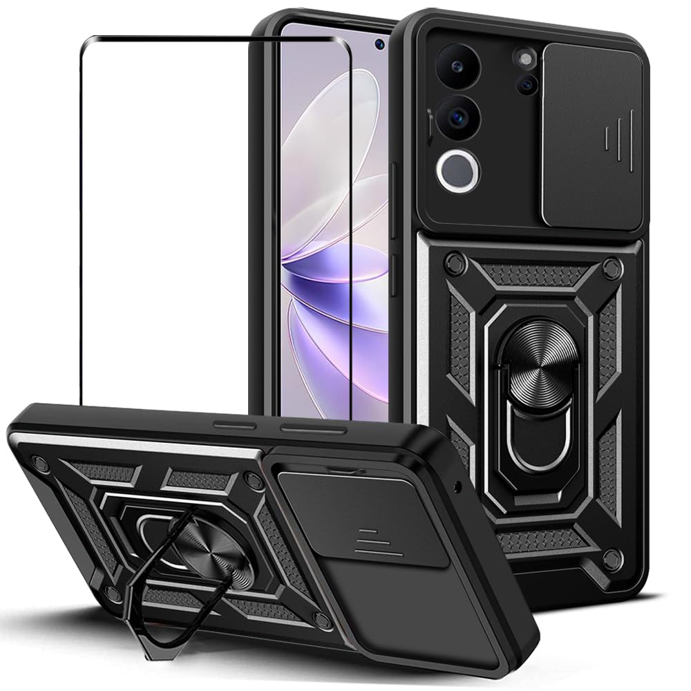 for VIVO V29 5G Case Cover with Full Covered Tempered Glass Screen Protector Built Slide Camera Protection Cover,Military Heavy Duty Protective Phone Case - Black