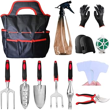 42PCS Garden Tools Set Heavy Duty Gardening Tool Set Aluminum Gardening Kit with Trowel,Transplanter,Weeder,Hand Fork,Hand Rake,Pruner,Digging Claw Garden Gloves,Sprayer,Tote Bag Garden Gifts Red