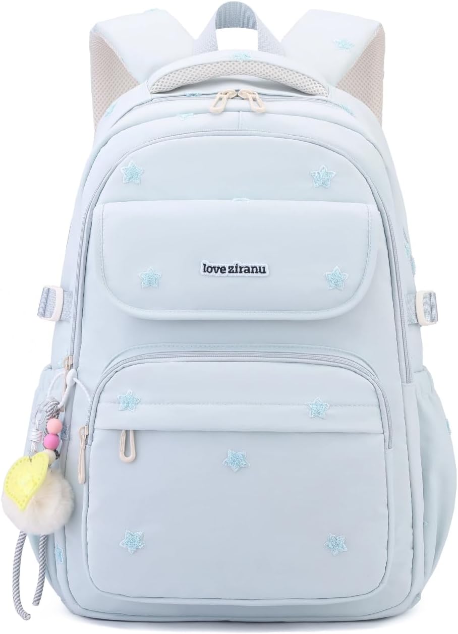 EKUIZAI Kids Backpack for Girls Middle School Backpack for Teen Students Solid Kids Bookbag with Star Embroidery, Blue