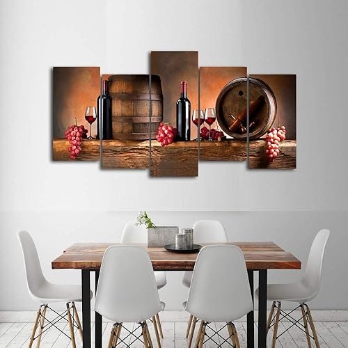 Vista 5 de Cao Gen Decor Art -K60527 5 paneles de arte de pared de frutas uvas de vino tinto pintura sobre lienzo estirado y enmarcado impresiones de lienzo