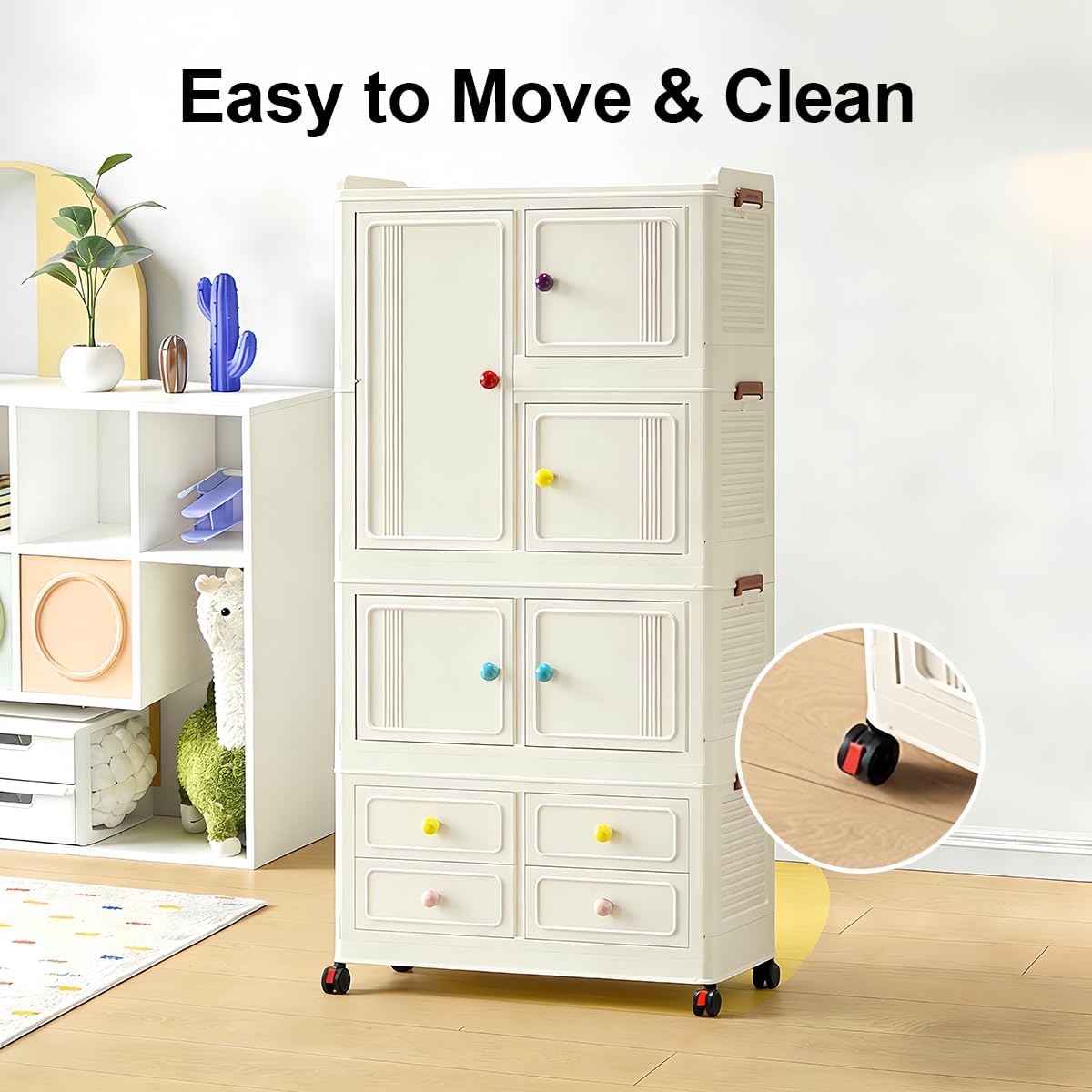 Foldable Storage Cabinet with Storage Bins & 4 Drawers, Sturdy Large Capacity Cupboard Organizer with Wheels&Lids for Classified Storage in Home, Dorm, Apartment, Easy to Assemble