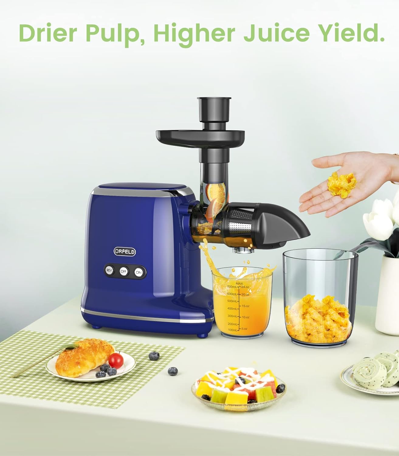 Cold Press Juicer, ORFELD Slow Masticating Juicer Machine Easy to Clean with High Juice Yield & Pure Juice Taste, Fruits and Vegetables Extractor (Blue)
