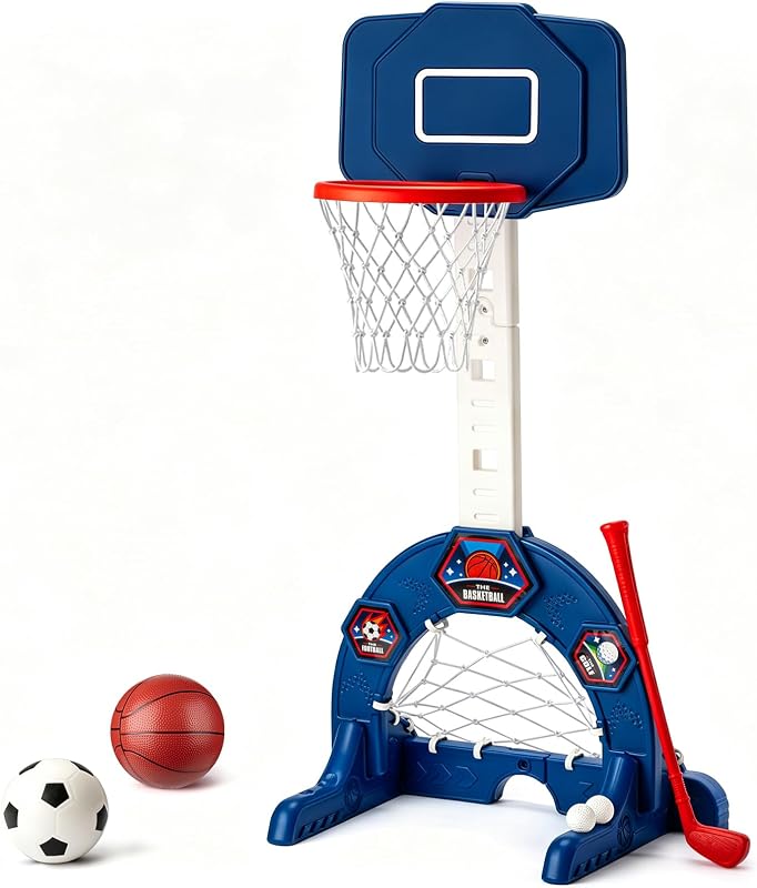 Toddler Basketball Hoop with Soccer Goal, Golf Game, Adjustable Height | Indoor Basketball Hoop for Kids Kids Basketball Hoop Christmas Birthday Gifts for 3-8 Years Old Boys and Girls