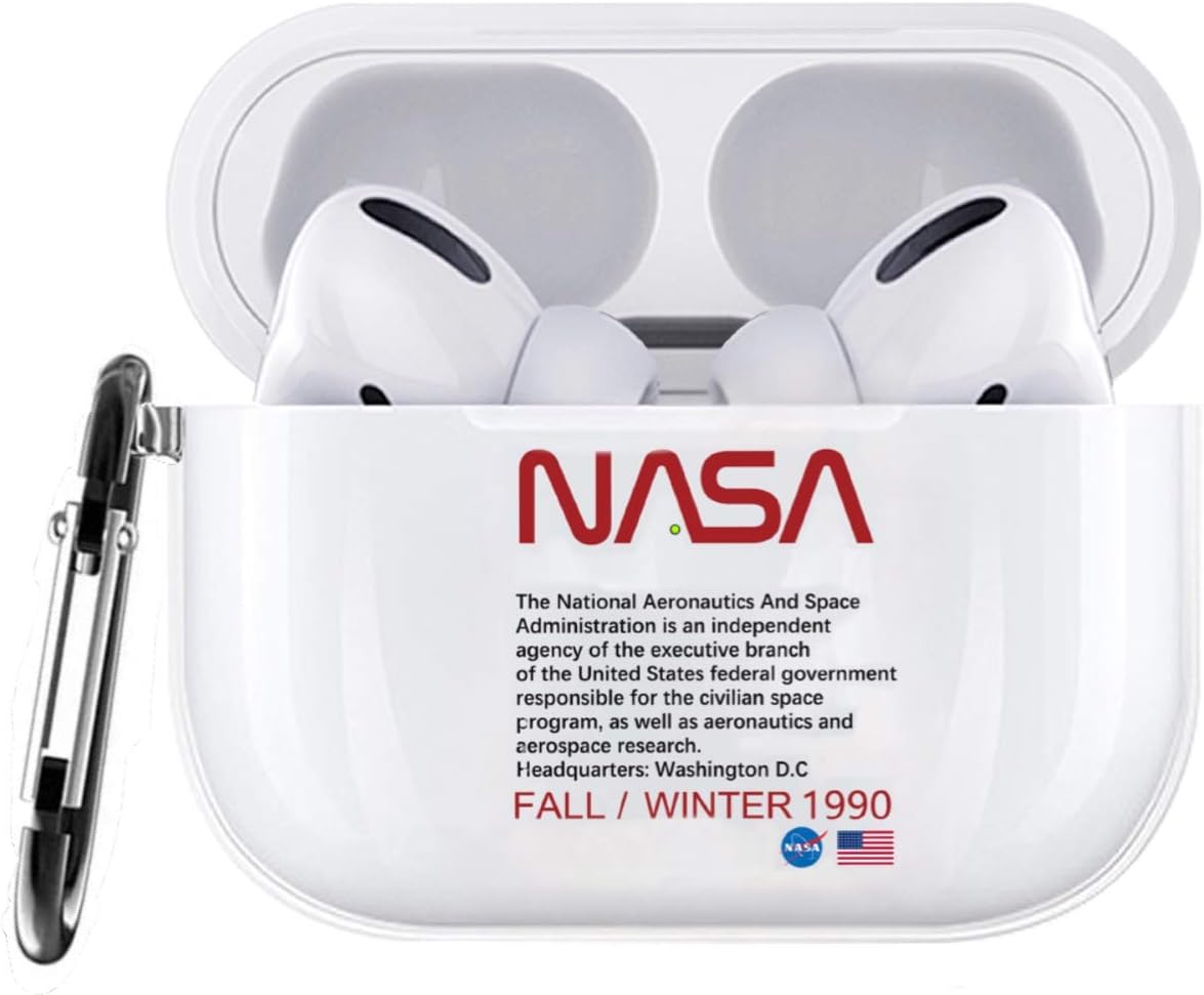 Haiyin(Front LED Visible) Design Transparent Shockproof Acrylic Protective Case with Anti Lost Key Chain Compatible for AirPods Pro Cover with Logo (NASA)