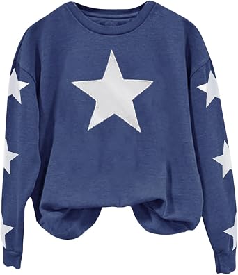 Womens Long Sleeve Sweatshirts Star Print Casual Crew Neck Pullover Tops Loose Fit Warm Shirts Fall Clothes