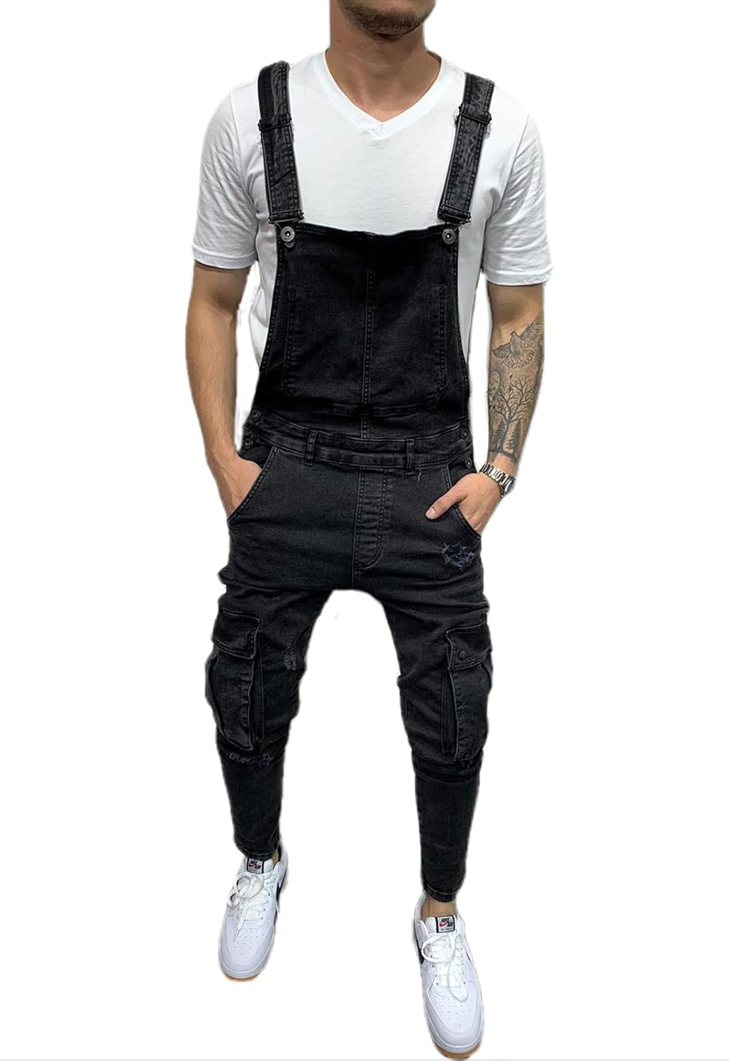 HUNGSON Denim Bib Overalls for Men Slim Fit Jumpsuit with Pockets Fashion Retro