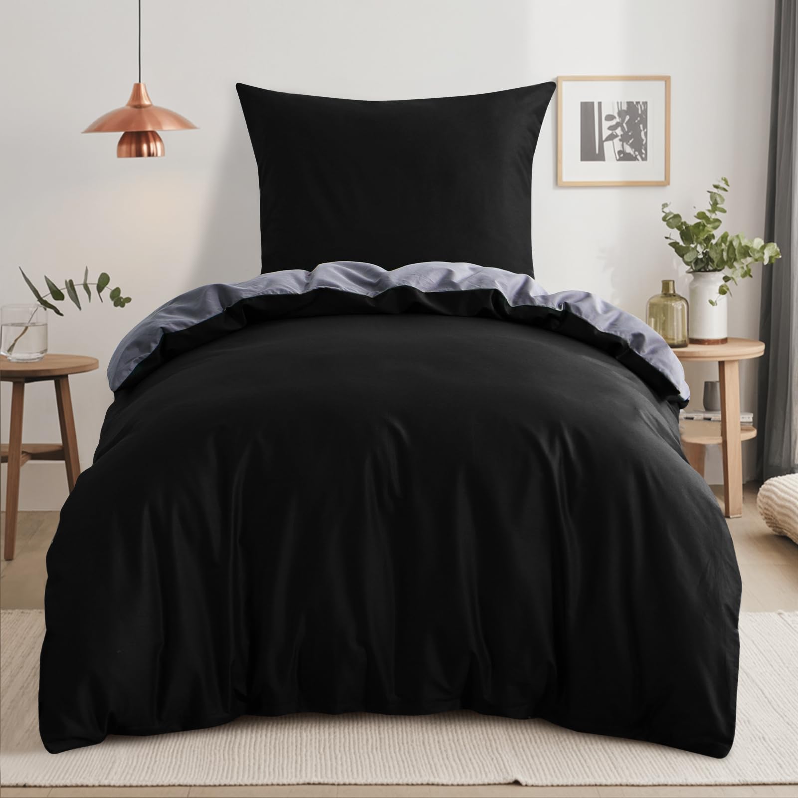 RUIKASI Juego de ropa de cama de algodón de 155 x 220 cm, 2 piezas, reversible, 2 piezas, con cremallera, funda nórdica de dos colores, color negro y gris