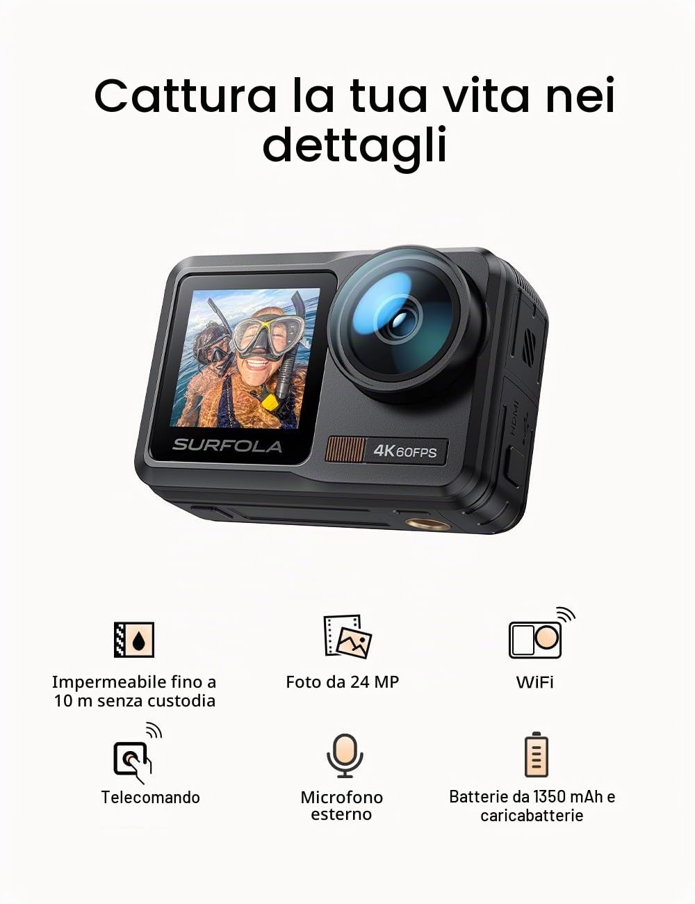 Surfola Action Cam 4K 60FPS, SF630 Subacquea 40M in Metallo Nudo Impermeabile 10M, Wifi, Telecamera Per Casco EIS, Videocamera a Doppio Schermo con Microfono Esterno, 2 Batterie Da 1350mAh