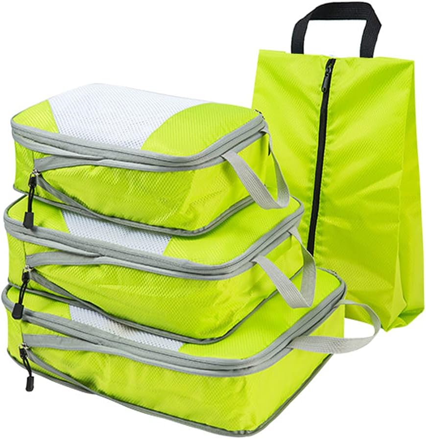 Compression Packing Cubes Set,4pcs/set Travel Storage Bag Portable Luggage Suitcase Organizer Set Extensible Packing Mesh Bags for Clothing Underwear Shoes (Green)