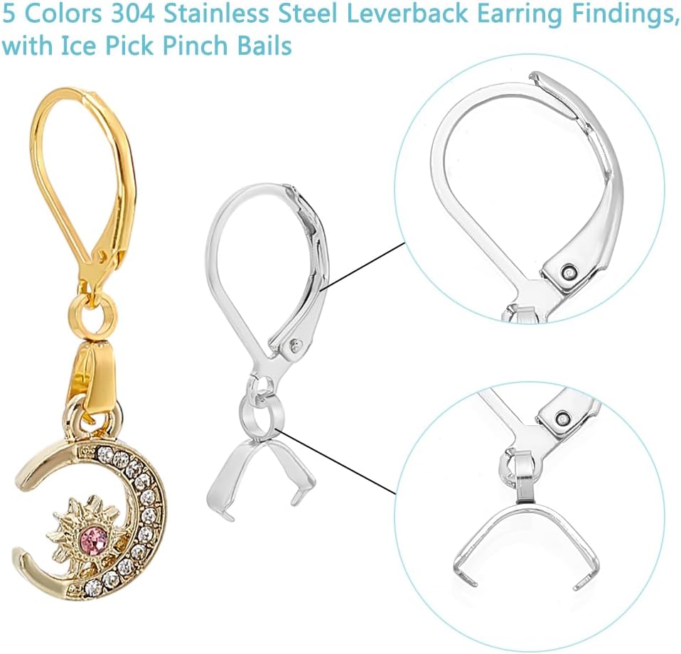 PH PandaHall 75pcs 5 Colors French Earring Hooks Leverback Ear Wires Stainless Steel Earring Hooks with Pendant Clasp Earring Supplies for Women Men DIY Earring Jewelry Making - Image 4