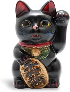 Seto-yaki Maneki Neko Piggy Bank, 6.3 inches, Hand-Painted Japanese Lucky Cat Figurine, Ceramic Money Bank for Home Decor, Fortune and Prosperity Talisman (Black)