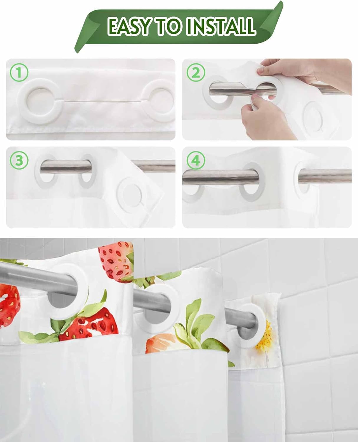 No Hooks Shower Curtain with Snap in Fabric Liner Set, Summer Fruit Strawberry Flower Shower Curtains Waterproof & Washable Bathroom Curtain with See Through Top Window,Hotel Style, 54x78in