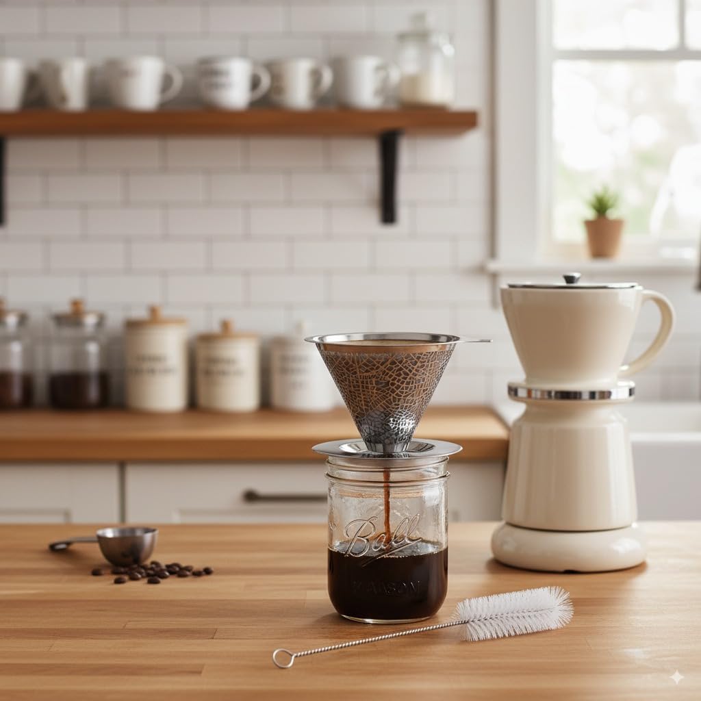 Reusable Stainless Steel Pour Over Drip Coffee Filter for Mason Jars,Fits Wide Mouth & Regular Jars, Manual Brew Coffee Dripper,No Paper Filters Needed,Rustproof,Dishwasher Safe
