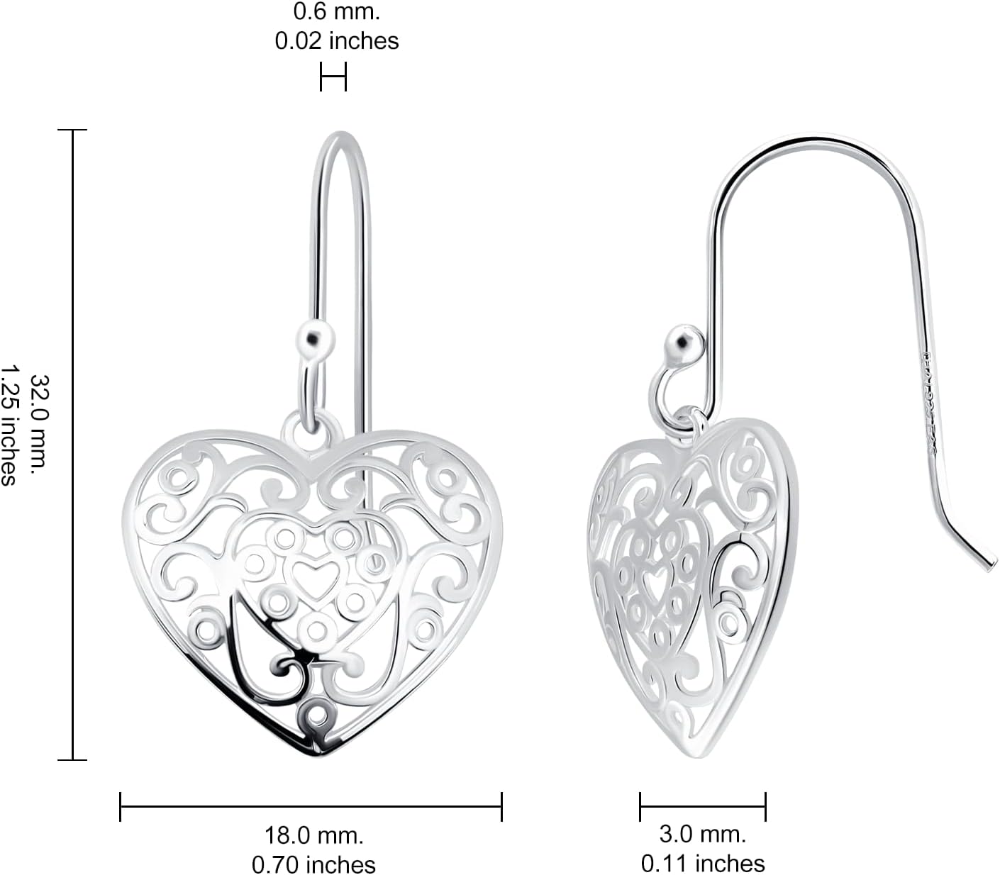 Hoops & Loops 925 Sterling Silver Heart Filigree 22mm Dangle Earrings for Women, Silver