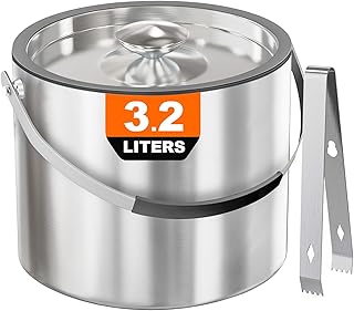 3,2 L Eiswürfelbehälter mit Deckel und Zange，Doppelwandig Isoliert Edelstahl Eiswürfelbehälter für Wein ，Premium Eiseimer für Eiswürfel, Eiskübel für die Eiswürfel Aufbewahrung