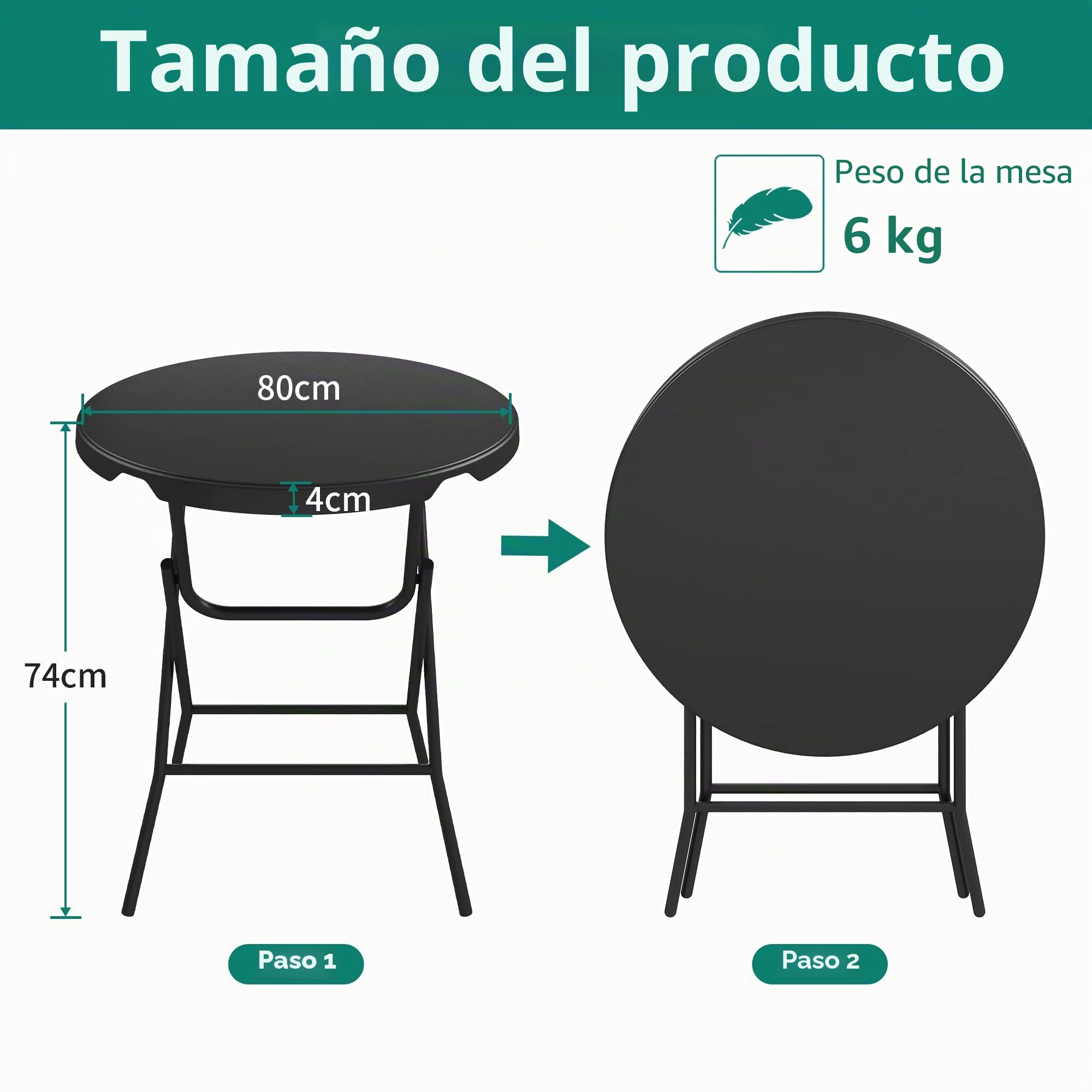 YITAHOME Mesa Plegable 80cm, Mesa Redonda Resistente para Jardín, Mesas de Terraza para Fiesta al Aire Libre, Playa, Barbacoa, Marco de Metal Antioxidante, 80 x 80 x 74cm, Negro