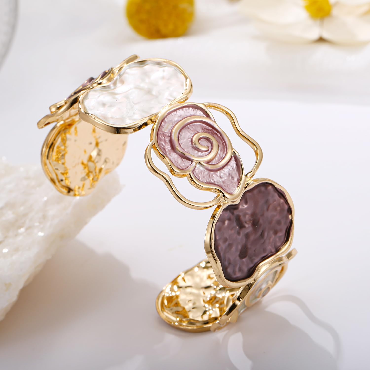 LUREME Gold Rose Cuff Bracelet for Women - Open-End Colorful Enamel Flower Stretch Bangle, Adjustable Vintage Jewelry (bl003607) - Image 4