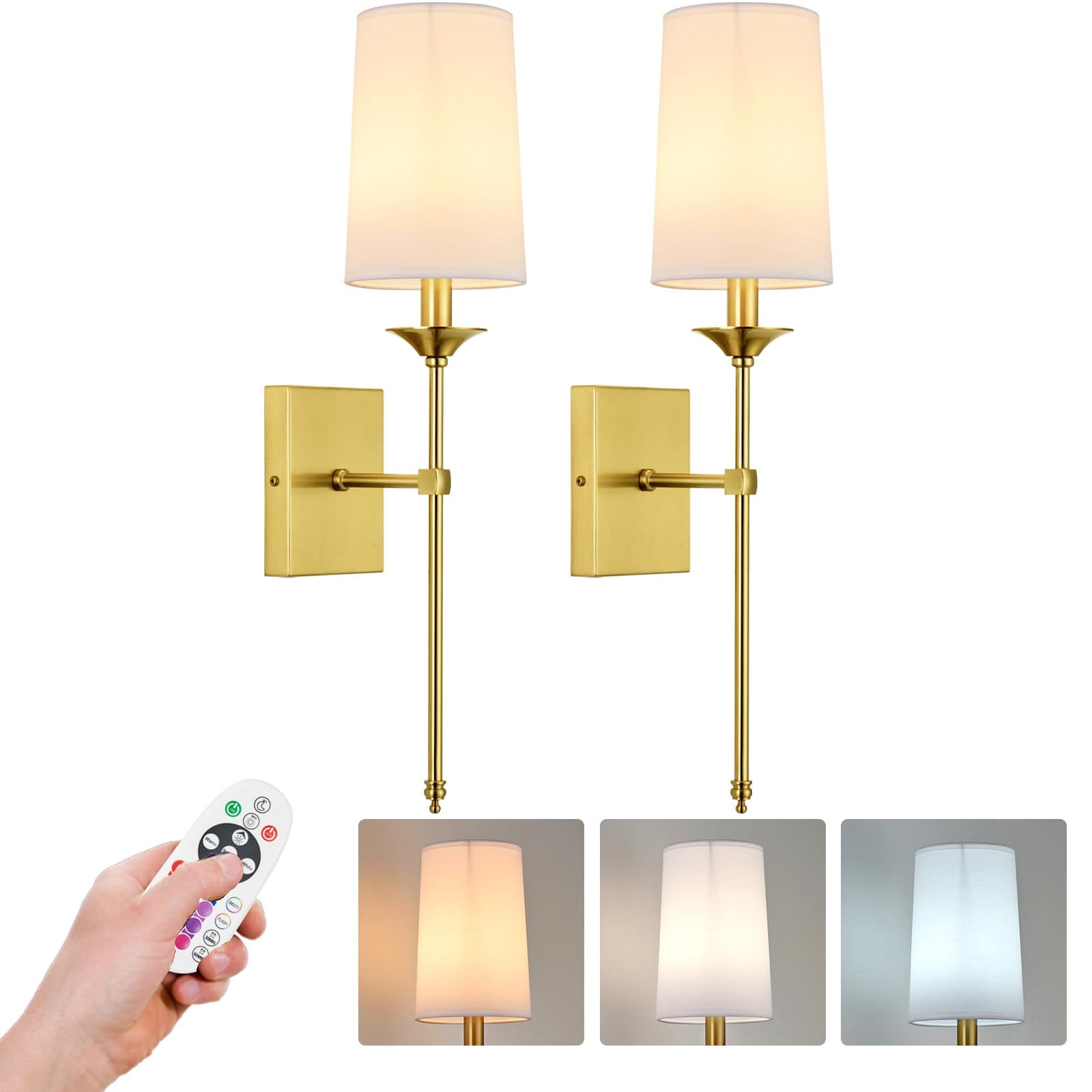 Battery Operated Wall Sconce Set of 2,Cordless Rechargeable Wall Light with RGB Dimmable Bulb and Remote,15 Colors Adjustable,Easy Install No Wiring