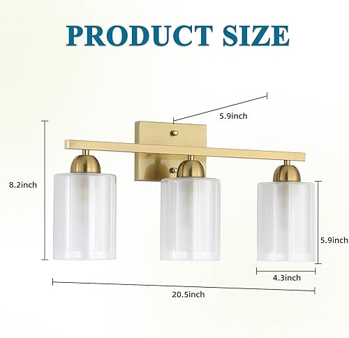 Miniatura 6 de Lámpara de tocador de baño de acero inoxidable sobre el espejo, 3 lámparas de baño de oro cepillado con vidrio de leche y pantallas de vidrio
