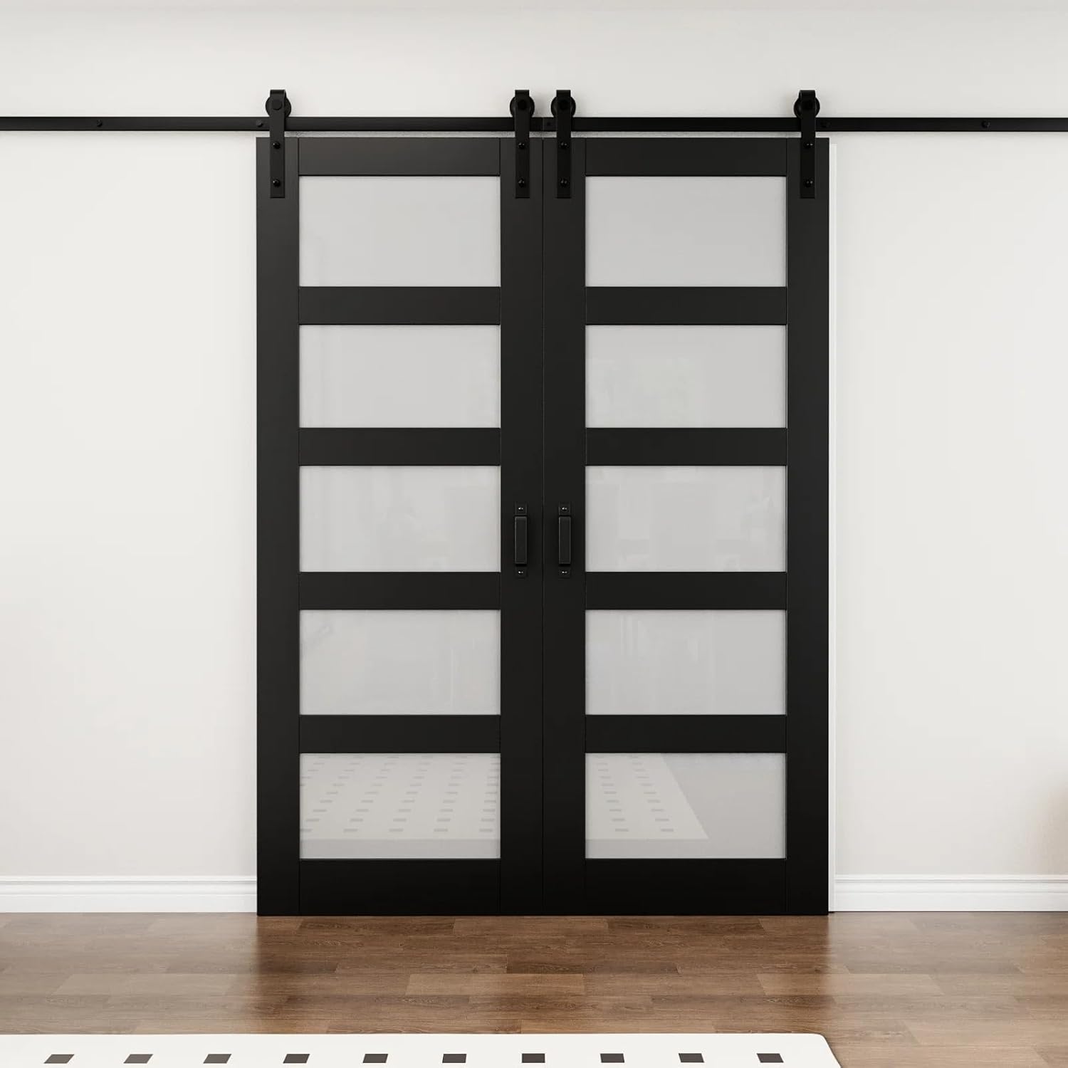 Black PVC Surface | Solid Core Wood | Frosted Glass Sliding Barn Door | with Installation Hardware Kit,60" x 84", Soft Close