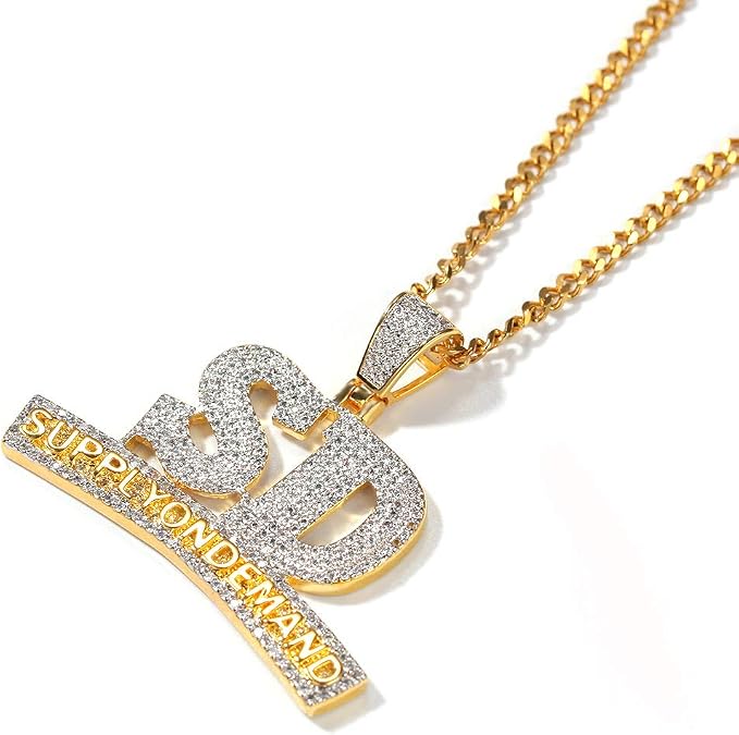 18K Gold Plated Diamond Letter SUPPLYONDEMAND Pendant Necklace Iced Out CZ Mens Hip Hop Necklace