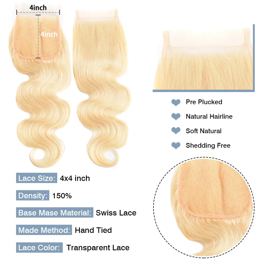 Blonde Human Hair Bundles with Closure 100% Unprocessed 613 Body Wave 3 Bundles with 4X4 Transparent Swiss Free Part Lace Closure