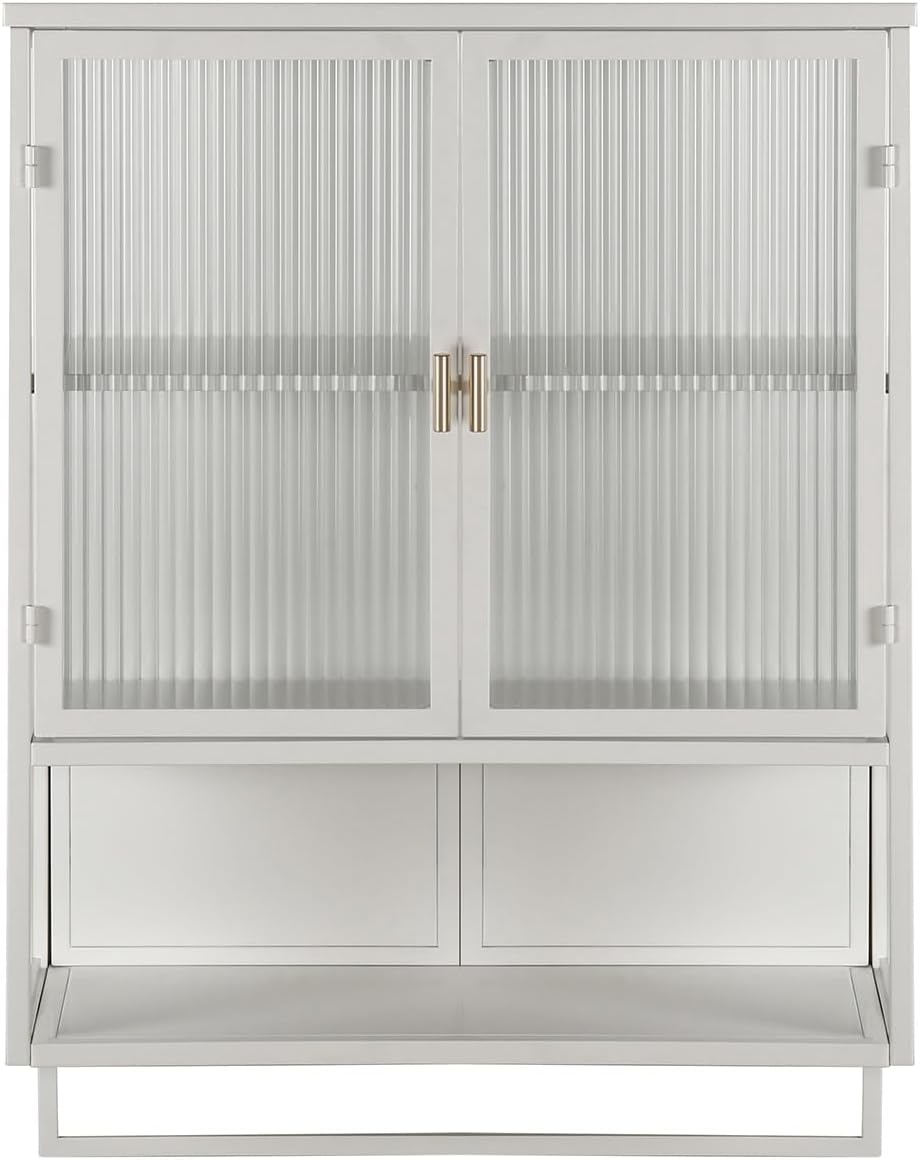 23.62"Glass Doors Modern Two-door Wall Cabinet with Featuring Two-tier Enclosed Storage, an Open Shelf, and Towel Rack, for Entryway Living Room Bathroom Dining Room