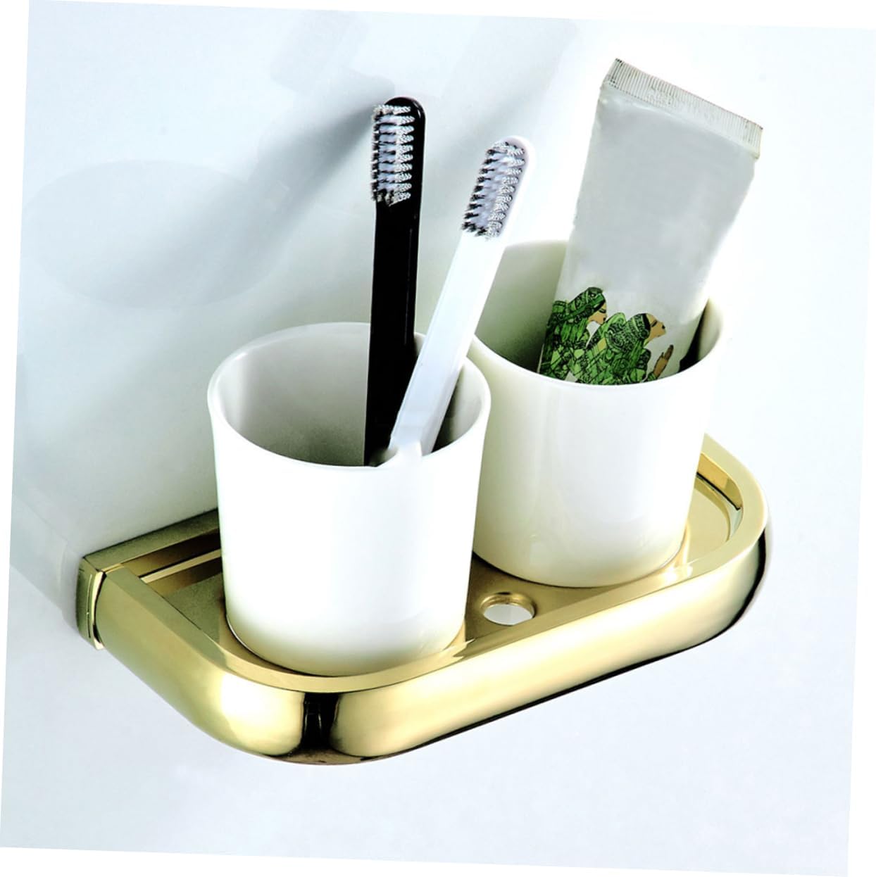 Unomor Simple Toothbrush Cup Holder Set Wall-Mounted Double Mouth Cup Storage Shelf Brass Golden Plating Bathroom Accessory 19.5x10cm
