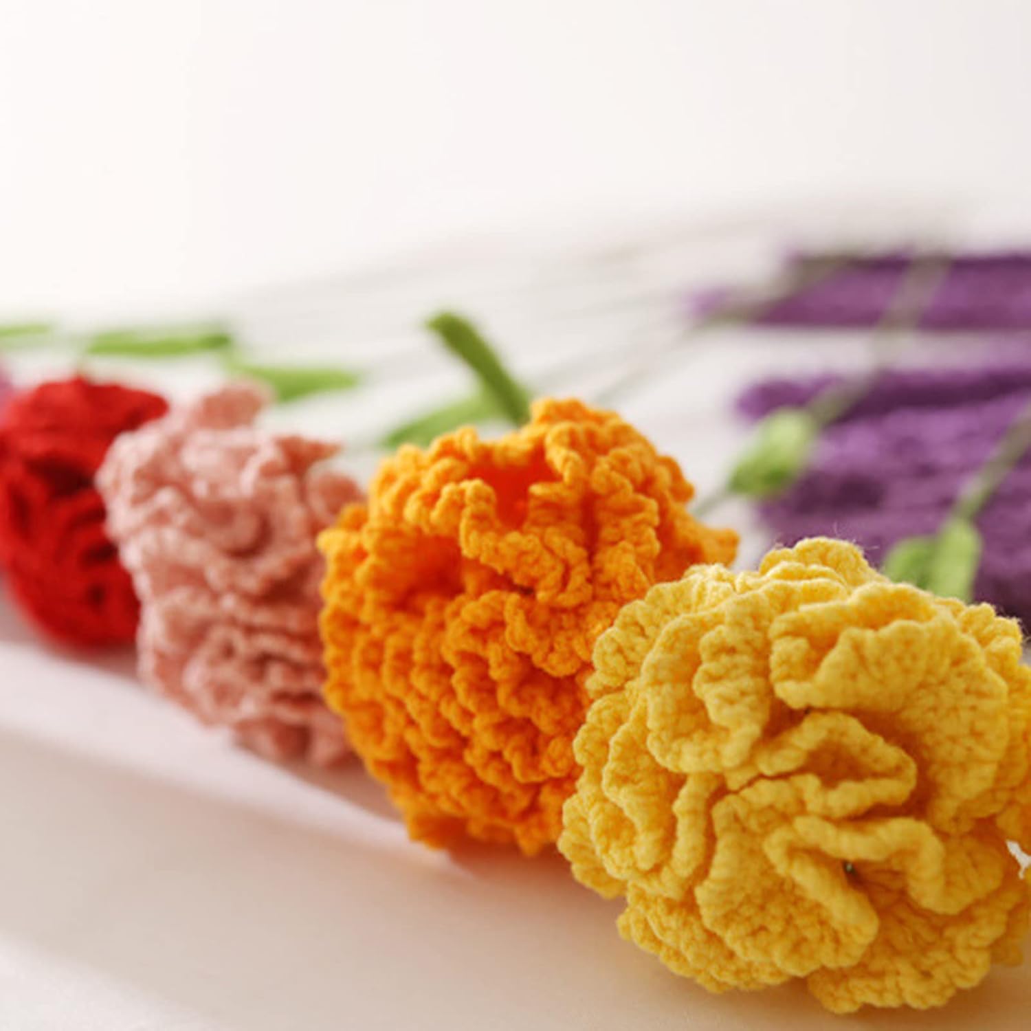 8PCS Wool Crochet Flowers, 10 Inch Artificial Carnation Flowers with Stems, Hand Knitting Carnation Flower Branches for Vase Bouquet Home Kitchen Table Centerpiece Decor