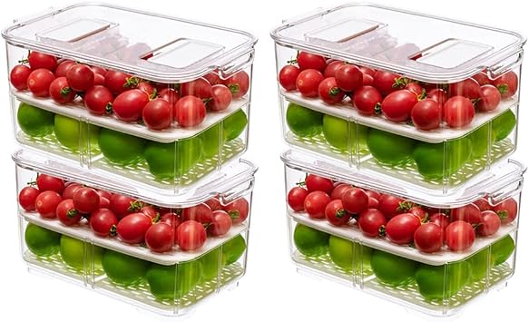 Fridge Produce Containers Food Storage Lettuce Keeper Refrigerator Organizer with Lids and Drain Plate,2800ml,Clear,Set of 4