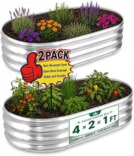 HOOPLE 2 Pack Raised Garden Bed 4x2x1FT, Galvanized Metal Raised Garden Bed Outdoor, Oval Design with Open Base for Better Drainage, Compact Garden Bed for Vegetables, Herbs & Flowers